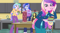 Size: 1488x814 | Tagged: safe, imported from derpibooru, screencap, princess cadance, princess celestia, princess luna, acadeca, equestria girls, friendship games, :t, brooch, cake, cakelestia, caught, clothes, cropped, cutie mark, cutie mark accessory, cutie mark brooch, cutie mark on clothes, dean cadance, eating, end credits, female, food, fork, guilty pleasure, jewelry, looking at you, mona lisa, open mouth, picture, plate, principal celestia, right there in front of me, shocked, siblings, sisters, spoon, trio, trio female, vice principal luna, wide eyes