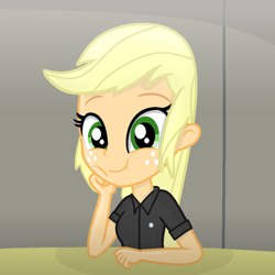 Size: 938x938 | Tagged: safe, artist:grapefruitface1, imported from derpibooru, applejack, equestria girls, base used, blonde, cute, hands on cheeks, hatless, jackabetes, john deacon, looking at you, missing accessory, queen (band), show accurate, solo, table