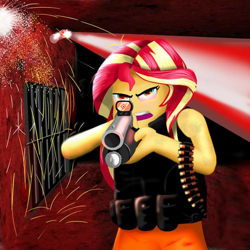 Size: 720x720 | Tagged: safe, artist:samueldavillo, imported from derpibooru, sunset shimmer, equestria girls, bulletproof vest, gun, jail, jailbreak, reflex sight, shotgun, solo, weapon