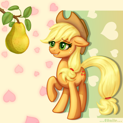 Size: 2000x2000 | Tagged: safe, artist:eltaile, imported from derpibooru, applejack, earth pony, pony, apple, cowboy hat, female, food, hat, heart, heresy, love, mare, pear, raised hoof, smiling, solo