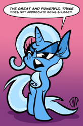 Size: 1050x1603 | Tagged: safe, artist:joeywaggoner, imported from derpibooru, trixie, pony, unicorn, female, frown, gradient background, great and powerful, looking at you, mare, open mouth, pac-man eyes, pacman eyes, signature, simple background, solo, speech bubble, talking to viewer, third person, trixie is not amused, unamused