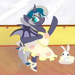 Size: 2500x2500 | Tagged: safe, artist:saffa, imported from derpibooru, oc, oc only, oc:elizabat stormfeather, alicorn, bat pony, bat pony alicorn, pony, rabbit, alicorn oc, alternate hairstyle, animal, ballerina, ballet, ballet slippers, bat pony oc, bat wings, clothes, commission, cute, dress, female, horn, mare, ocbetes, pillow, raised hoof, raised leg, skirt, solo, tutu, wings, ych result