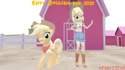 Size: 3840x2160 | Tagged: safe, artist:optimussparkle, imported from derpibooru, applejack, earth pony, pony, equestria girls, equestria girls series, 3d, applejack day, cowboy hat, geode of super strength, hat, magical geodes, one eye closed, self ponidox, source filmmaker, wink