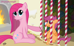 Size: 1280x800 | Tagged: safe, artist:rdksi, imported from derpibooru, pinkie pie, scootaloo, earth pony, pegasus, pony, candy, duo, female, food, hansel and gretel, implied cannibalism, imprisoned, pinkamena diane pie, twig