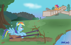 Size: 1363x868 | Tagged: safe, artist:rdksi, imported from derpibooru, rainbow dash, scootaloo, pegasus, pony, cardboard box, female, plane, slingshot, tongue out