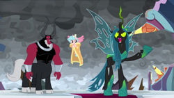 Size: 1920x1080 | Tagged: safe, imported from derpibooru, screencap, cozy glow, lord tirek, queen chrysalis, alicorn, centaur, changeling, changeling queen, pony, the ending of the end, alicornified, bow, cape, clothes, cloud, cloven hooves, colored hooves, cozycorn, dark clouds, female, filly, hair bow, male, nose piercing, nose ring, piercing, race swap, septum piercing, trio, ultimate chrysalis, wind