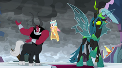 Size: 1920x1080 | Tagged: safe, imported from derpibooru, screencap, cozy glow, lord tirek, queen chrysalis, alicorn, centaur, changeling, changeling queen, pony, the ending of the end, alicornified, bow, cape, clothes, cloud, cloven hooves, colored hooves, cozycorn, dark clouds, female, filly, hair bow, male, nose piercing, nose ring, piercing, race swap, septum piercing, trio, ultimate chrysalis, wind