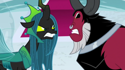 Size: 1920x1080 | Tagged: safe, imported from derpibooru, screencap, lord tirek, queen chrysalis, centaur, changeling, changeling queen, the ending of the end, angry, argument, duo, female, gritted teeth, male, ultimate chrysalis