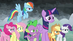 Size: 1920x1080 | Tagged: safe, imported from derpibooru, screencap, applejack, fluttershy, pinkie pie, rainbow dash, rarity, spike, twilight sparkle, alicorn, dragon, the ending of the end, mane seven, mane six, twilight sparkle (alicorn), winged spike, wings