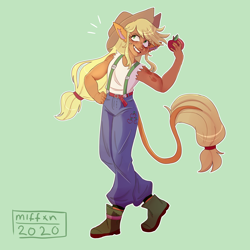Size: 3000x3000 | Tagged: safe, artist:miffxn, imported from derpibooru, applejack, human, alternate hairstyle, apple, applejack's hat, belt, boots, clothes, cowboy hat, cutie mark tattoo, dark skin, ear piercing, eared humanization, earring, female, food, freckles, green background, grin, hat, humanized, jeans, jewelry, leonine tail, pants, piercing, shoes, simple background, smiling, solo, suspenders, tailed humanization, tanktop, tattoo