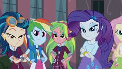 Size: 1920x1080 | Tagged: safe, imported from derpibooru, screencap, fluttershy, indigo zap, lemon zest, rainbow dash, rarity, equestria girls, friendship games, clothes, dreamworks face, female, lidded eyes, looking at you, mixed reactions, skirt, smiling, smirk, unamused, varying degrees of want