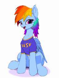 Size: 1800x2359 | Tagged: safe, artist:xbi, imported from derpibooru, rainbow dash, pegasus, pony, animated, clothes, gif, lifting leg, looking at you, simple background, sitting, smiling, solo, stomping, tapping, white background