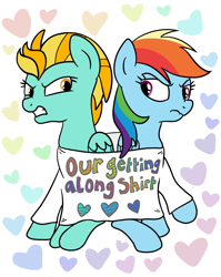 Size: 1536x1928 | Tagged: safe, artist:lannielona, imported from derpibooru, lightning dust, rainbow dash, pegasus, pony, angry, annoyed, clothes, commission, cute, duo, female, get along shirt, gritted teeth, heart, lightning dust is not amused, looking at each other, madorable, mare, rainbow dash is not amused, shared clothing, shirt, simple background, sitting, t-shirt, unamused, white background, ych result