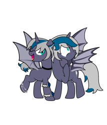 Size: 826x967 | Tagged: safe, artist:icey-wicey-1517, artist:icicle-wicicle-1517, artist:kb-gamerartist, color edit, edit, imported from derpibooru, oc, oc only, oc:elizabat stormfeather, alicorn, bat pony, bat pony alicorn, pony, alicorn oc, anklet, armband, bat pony oc, bat wings, blank flank, bracelet, choker, collaboration, colored, duality, female, happy birthday mlp:fim, horn, hug, jewelry, mare, mlp fim's tenth anniversary, one eye closed, open mouth, raised hoof, raised leg, self paradox, simple background, transparent background, wings, wink