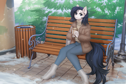Size: 1499x1000 | Tagged: safe, artist:margony, imported from derpibooru, oc, oc only, oc:lodey darkshine, anthro, earth pony, plantigrade anthro, bench, beverage, boots, christmas, christmas tree, coffee, commission, cup, cute, drink, ear piercing, earring, earth pony oc, holiday, jewelry, lamppost, piercing, shoes, smiling, snow, solo, trash can, tree, winter