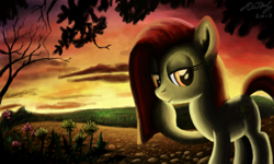 Size: 854x512 | Tagged: safe, artist:dreamyskies, imported from derpibooru, oc, pony, 3ds, cloud, complex background, detailed, detailed background, looking at you, pony oc, scenery, signature, solo, sunset
