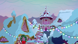 Size: 1280x720 | Tagged: safe, imported from derpibooru, screencap, a hearth's warming tail, background, christmas wreath, no pony, ponyville, ponyville town hall, scenic ponyville, snow, winter, wreath