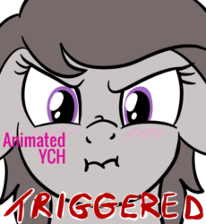 Size: 735x800 | Tagged: safe, artist:lannielona, imported from derpibooru, pony, advertisement, angry, animated, blushing, bust, commission, female, gif, looking at you, mare, meme, portrait, scrunchy face, seizure warning, silly, simple background, solo, triggered, vibrating, white background, your character here