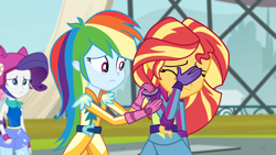 Size: 1920x1080 | Tagged: safe, imported from derpibooru, screencap, rainbow dash, rarity, sunset shimmer, equestria girls, friendship games, comforting, facepalm, female
