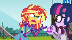 Size: 1920x1080 | Tagged: safe, imported from derpibooru, screencap, sci-twi, sunset shimmer, twilight sparkle, equestria girls, friendship games, angry, caption, exploitable meme, image macro, magic capture device, meme, shrunken pupils, sunset is not willing to learn, text