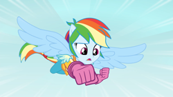 Size: 1920x1080 | Tagged: safe, imported from derpibooru, screencap, rainbow dash, equestria girls, friendship games, clothes, female, fist, flying, gloves, looking down, motocross outfit, motorcross, motorcross outfit, ponied up, solo, superman