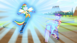 Size: 1920x1080 | Tagged: safe, imported from derpibooru, screencap, rainbow dash, sunset shimmer, equestria girls, friendship games, aura, motorcross, motorcycle, ponied up, transformation