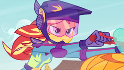Size: 1920x1080 | Tagged: safe, imported from derpibooru, screencap, sunset shimmer, equestria girls, friendship games, clothes, female, gloves, helmet, motocross outfit, motorcross, motorcross outfit, motorcycle, smiling, smirk, solo