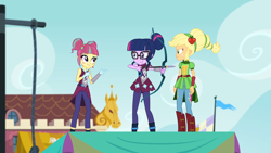 Size: 1920x1080 | Tagged: safe, imported from derpibooru, screencap, applejack, sci-twi, sour sweet, twilight sparkle, equestria girls, friendship games, boots, clothes, female, magic capture device, pointing, shoes