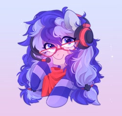 Size: 2036x1938 | Tagged: safe, artist:whiteliar, imported from derpibooru, oc, oc only, oc:cinnabyte, pony, adorkable, bandana, cinnabetes, clothes, commission, cute, dork, female, gaming headphones, gaming headset, glasses, headset, mare, meganekko, smiling, socks, solo, striped socks, ych result, your character here