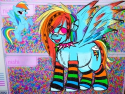 Size: 1080x810 | Tagged: safe, artist:jlouanti, imported from derpibooru, rainbow dash, pegasus, pony, choker, duo, female, leg warmers, mare, rearing, redesign, smiling, spiked choker
