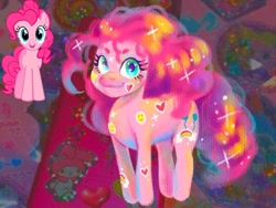 Size: 1080x810 | Tagged: safe, artist:jlouanti, imported from derpibooru, pinkie pie, earth pony, pony, duo, female, mare, redesign, smiling, tattoo