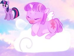 Size: 1080x810 | Tagged: safe, artist:jlouanti, imported from derpibooru, twilight sparkle, alicorn, pony, cloud, cute, duo, eyes closed, female, lying down, mare, on a cloud, prone, redesign, sleeping, solo, twiabetes, twilight sparkle (alicorn)