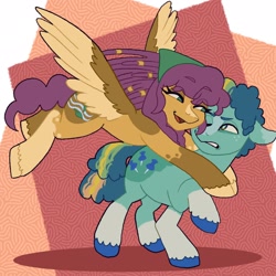 Size: 2048x2048 | Tagged: safe, artist:jlouanti, imported from derpibooru, oc, oc only, earth pony, pegasus, pony, annoyed, duo, earth pony oc, hug, pegasus oc, smiling, unshorn fetlocks, wings