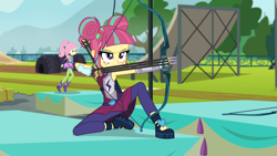 Size: 1920x1080 | Tagged: safe, imported from derpibooru, screencap, fluttershy, sour sweet, equestria girls, friendship games, archery, arrow, bow (weapon), bow and arrow, female, smiling, smirk, weapon
