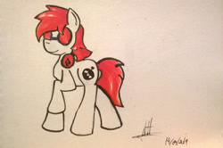 Size: 1080x717 | Tagged: safe, artist:almaustral, imported from derpibooru, oc, oc only, earth pony, pony, earth pony oc, headphones, raised hoof, signature, solo, sunglasses, traditional art