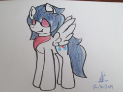 Size: 1200x900 | Tagged: safe, artist:almaustral, imported from derpibooru, oc, oc only, oc:bright wind, pegasus, pony, neckerchief, pegasus oc, signature, solo, sunglasses, traditional art, wings