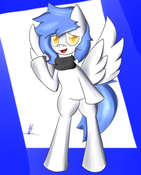 Size: 1440x1789 | Tagged: safe, artist:almaustral, imported from derpibooru, oc, oc only, pegasus, pony, abstract background, bipedal, clothes, pegasus oc, scarf, signature, solo, waving, wings