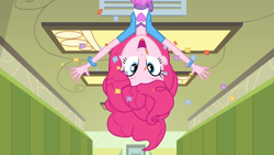 Size: 1920x1080 | Tagged: safe, imported from derpibooru, screencap, pinkie pie, equestria girls, friendship games, air vent, bracelet, canterlot high, clothes, confetti, female, hallway, jewelry, looking at you, open mouth, upside down, waving