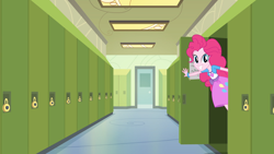 Size: 1920x1080 | Tagged: safe, imported from derpibooru, screencap, pinkie pie, equestria girls, friendship games, bracelet, canterlot high, clothes, female, hallway, jewelry, lockers, looking at you