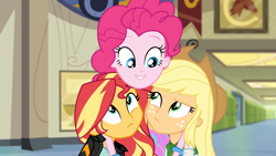 Size: 1920x1080 | Tagged: safe, imported from derpibooru, screencap, applejack, pinkie pie, sunset shimmer, equestria girls, friendship games, grin, hug, smiling