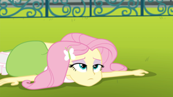 Size: 1920x1080 | Tagged: safe, imported from derpibooru, screencap, fluttershy, equestria girls, friendship games, cropped, exhausted, female, lidded eyes, limp, solo, tired