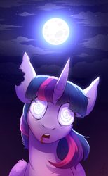 Size: 2509x4070 | Tagged: safe, alternate version, artist:argigen, imported from derpibooru, twilight sparkle, alicorn, pony, bite mark, drool, full moon, halloween, high res, holiday, hypnosis, kaa eyes, moon, open mouth, rcf community, solo, swirly eyes, torn ear, twilight sparkle (alicorn)