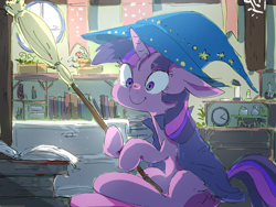 Size: 1600x1200 | Tagged: safe, artist:fuyugi, artist:nendo, imported from derpibooru, twilight sparkle, pony, unicorn, book, broom, cape, clothes, cute, floppy ears, hat, potion, solo, twiabetes, unicorn twilight, window, witch, witch hat, wizard hat