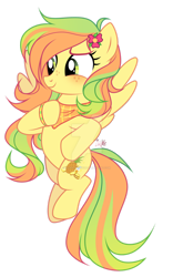 Size: 1024x1642 | Tagged: safe, artist:lazuli, artist:mint-light, imported from derpibooru, oc, oc only, pegasus, pony, commission, flower, flower in hair, flying, freckles, hoof on chest, hoof on hip, hooves to the chest, neckerchief, pegasus oc, signature, simple background, solo, transparent background, wings, ych result