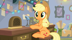 Size: 1920x1080 | Tagged: safe, imported from derpibooru, screencap, applejack, best gift ever, mystery voice, cute, desk, jackabetes, microphone, sitting, stool