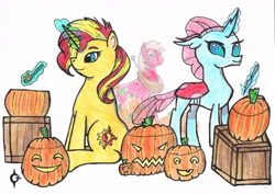 Size: 1624x1149 | Tagged: safe, artist:assertiveshypony, imported from derpibooru, big macintosh, ocellus, sunset shimmer, changeling, earth pony, pony, unicorn, box, drawing, halloween, holiday, jack-o-lantern, knife, pumpkin, simple background, spoon, traditional art, white background