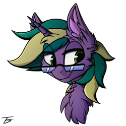 Size: 2000x2000 | Tagged: safe, artist:thefunnysmile, imported from derpibooru, oc, oc only, oc:pixelated star, pony, unicorn, bust, cheek fluff, chest fluff, ear fluff, fluffy, glasses, green eyes, portrait, simple background, smiling, solo, transparent background