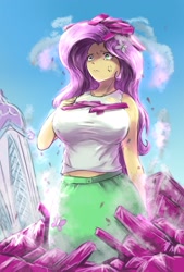 Size: 1377x2039 | Tagged: safe, artist:oberon826, imported from derpibooru, fluttershy, equestria girls, my little pony: pony life, big breasts, breasts, busty fluttershy, cloud, cross-popping veins, destruction, equestria girls interpretation, female, g4.5, giantess, giantshy, growth, macro, scene interpretation, sky