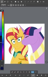 Size: 640x1024 | Tagged: safe, artist:stargazerseven, imported from derpibooru, sunset shimmer, twilight sparkle, pony, unicorn, bust, cheek kiss, clothes, colored, dusk shine, eyes closed, female, kiss on the cheek, kissing, lesbian, male, rule 63, scarf, shipping, stallion, straight, sunsetsparkle, wide eyes