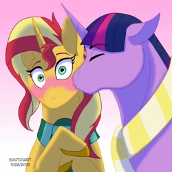 Size: 1080x1077 | Tagged: safe, alternate version, artist:stargazerseven, imported from derpibooru, sunset shimmer, twilight sparkle, pony, unicorn, blushing, bust, cheek kiss, clothes, colored, dusk shine, eyes closed, female, good art made from toilet, gradient background, kiss on the cheek, kissing, lesbian, male, rule 63, scarf, shipping, stallion, straight, sunsetsparkle, wide eyes